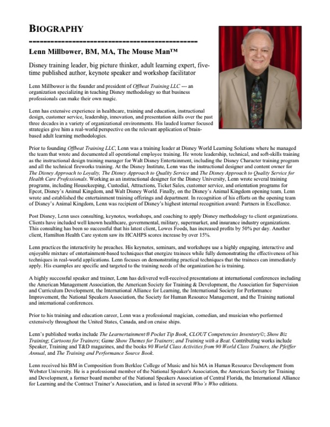 Disney Consultant Lenn Millbower bio-CV