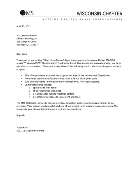 Disney Keynote Speaker MPI Wisconsin Recommendation Letter